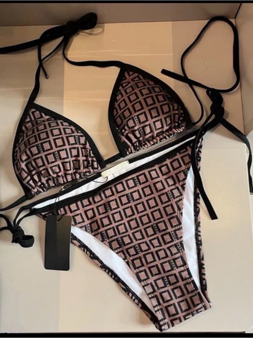 Women’s Tan Geometric Triangle Bikini Set with Black Trim